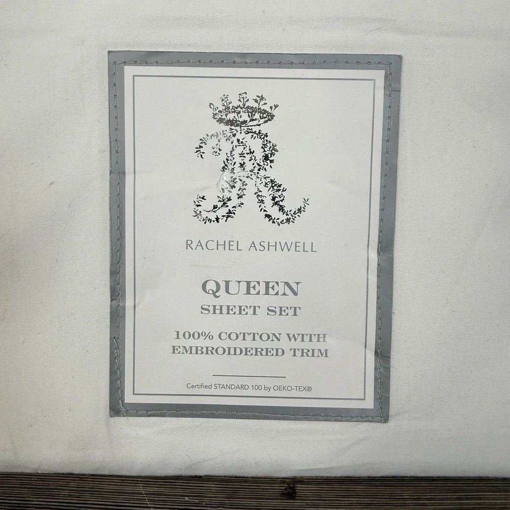 Rachel Ashwell Embroidered Eyelet Hem QUEEN Sheet Set White 100% Cotton NEW